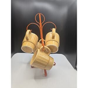 4 Vintage Yellow JAPAN Coffee Tea Mugs Cups with Vintage Orange Metal Tree
